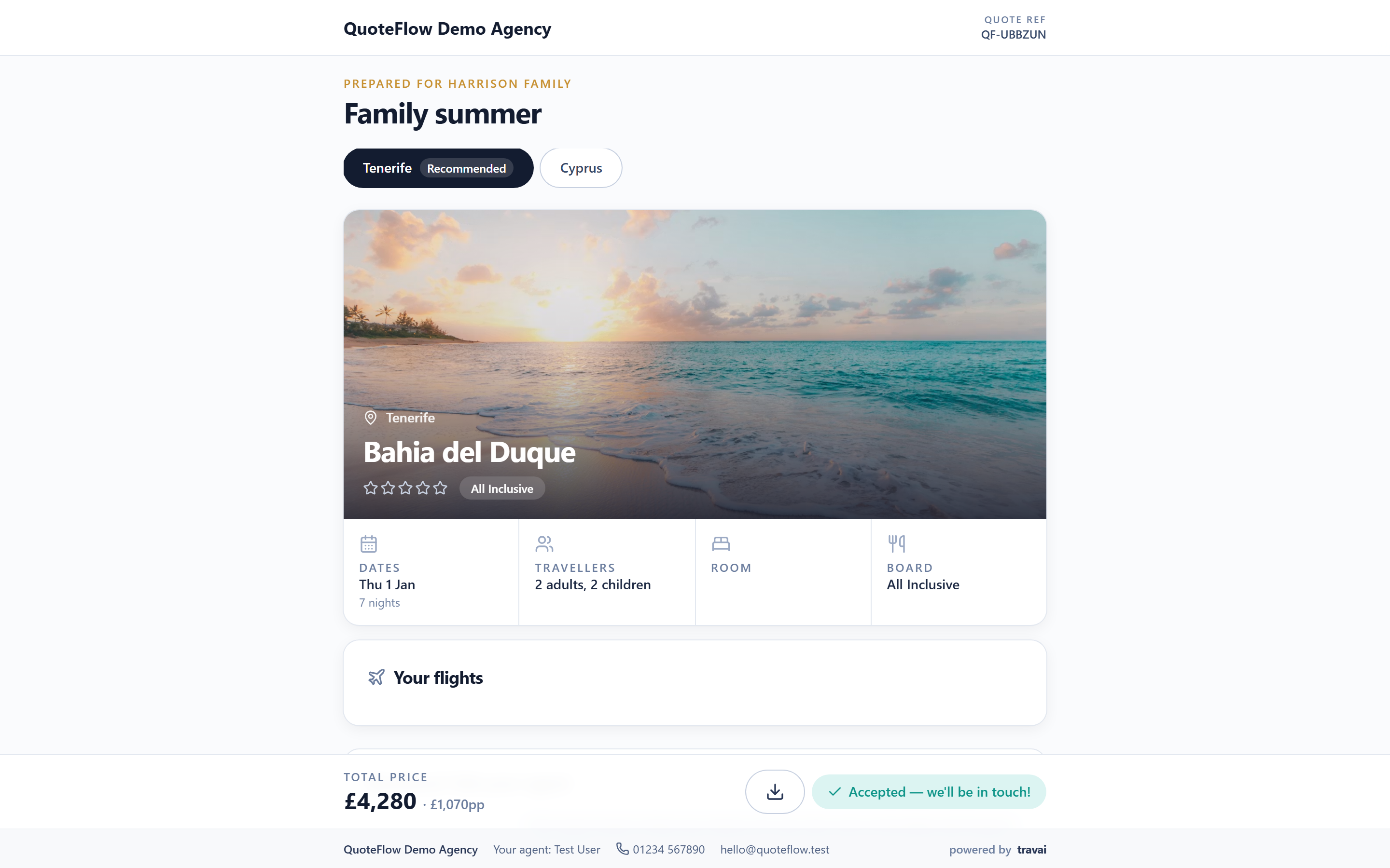 The branded quote a client receives, with destination options and a total price