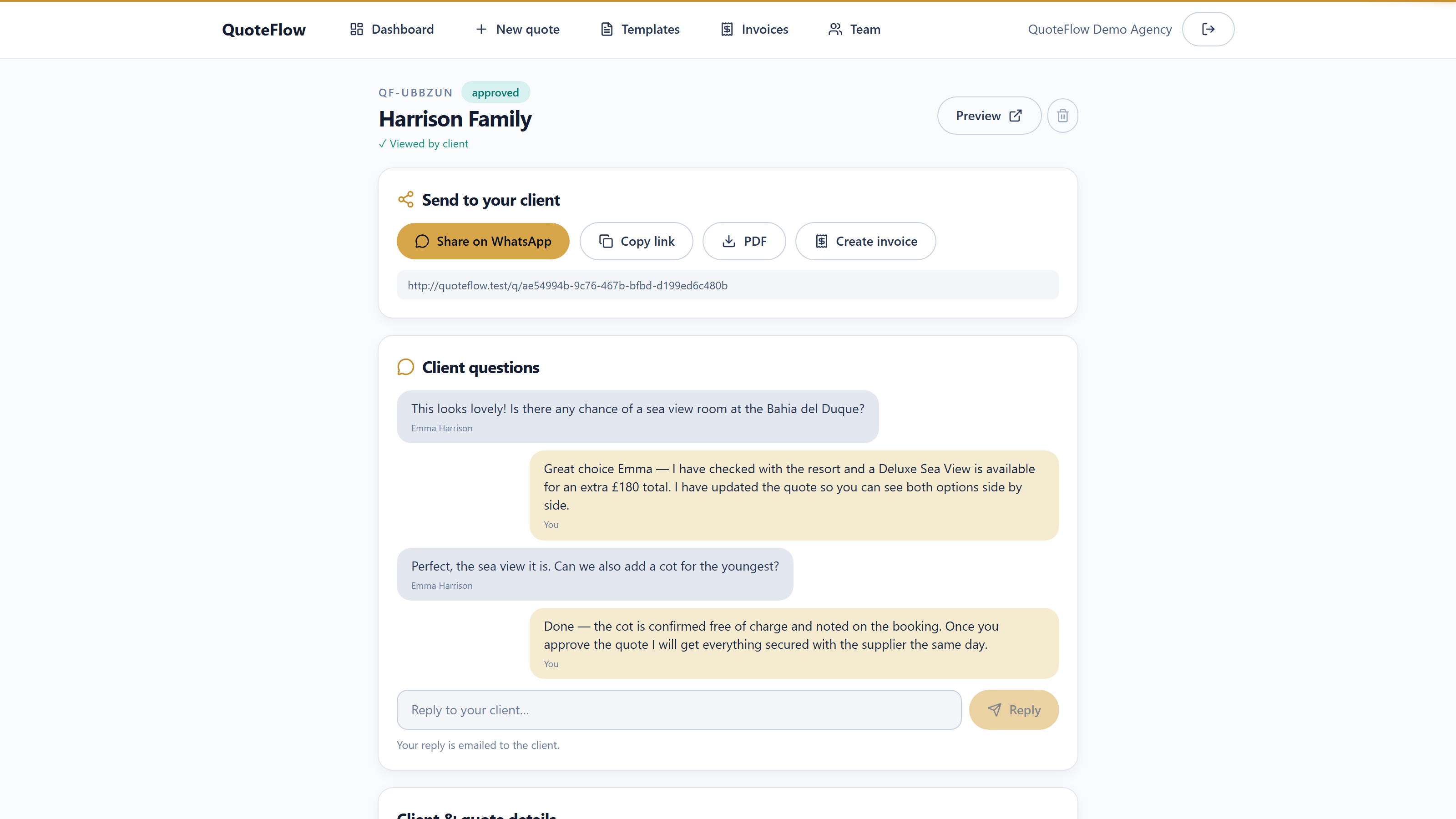 Quote management screen with WhatsApp sharing and a client question thread