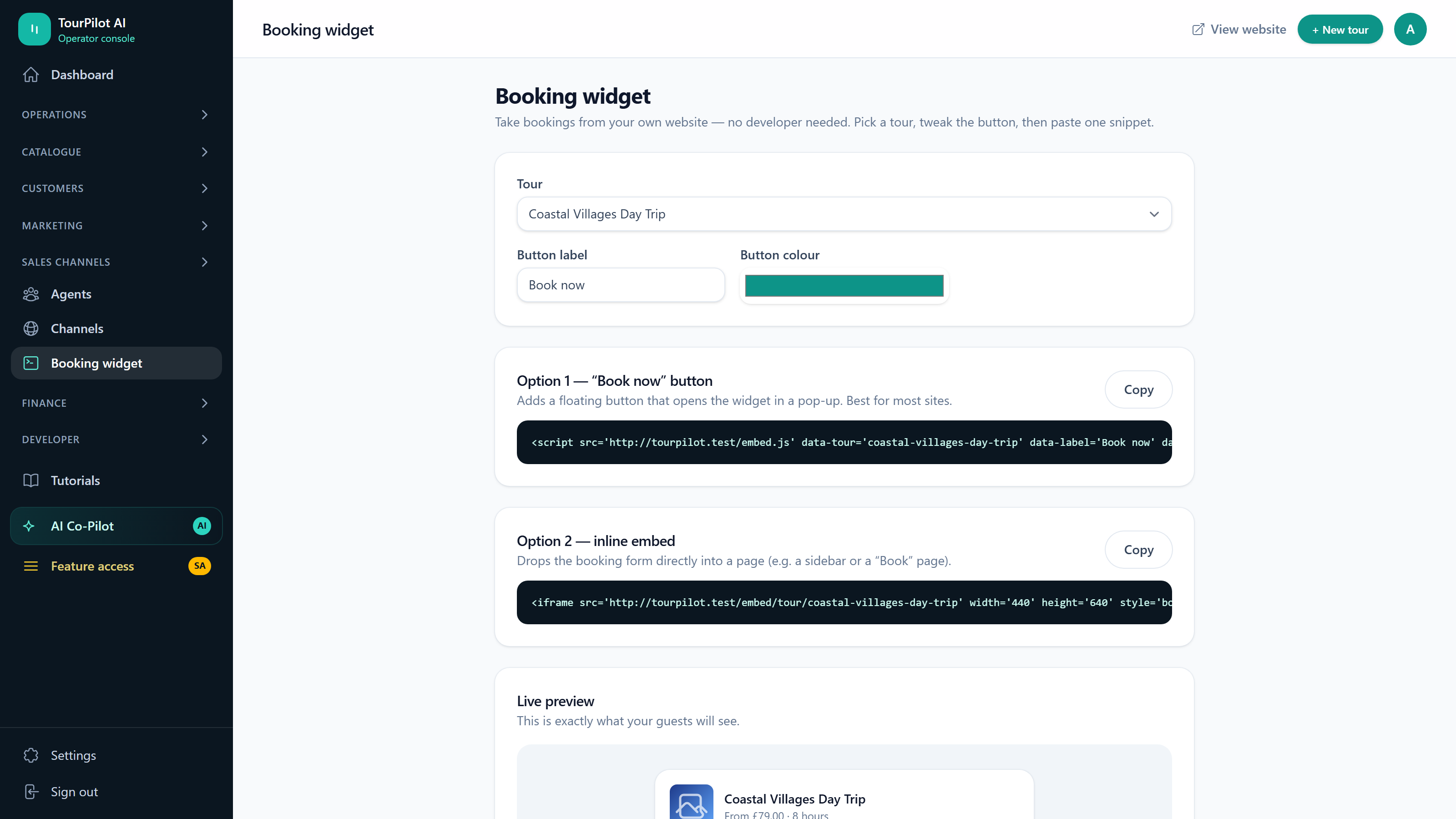 Direct bookings and connected sales channels, TourPilot screenshot