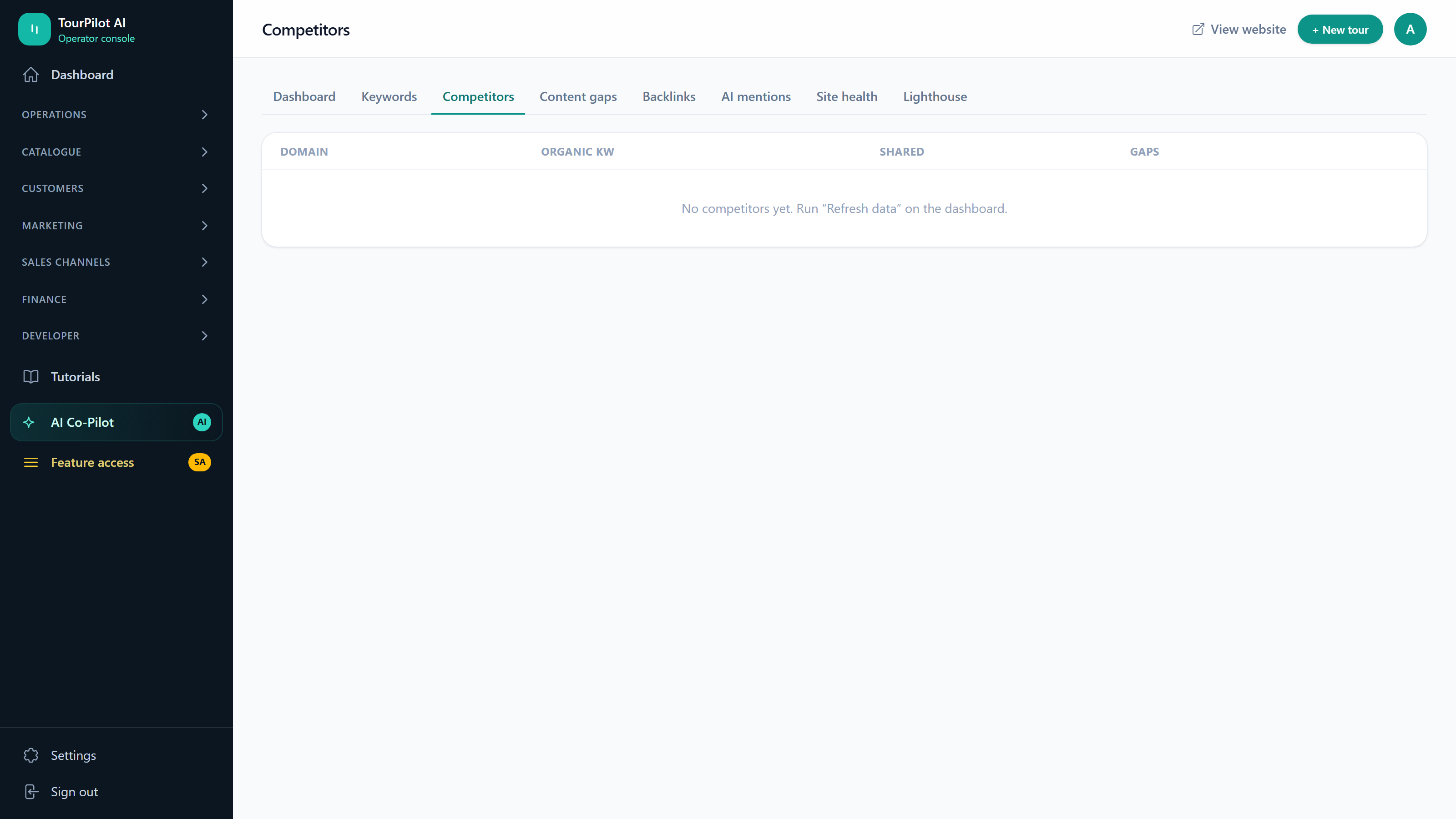 Compass: competitor tracking and search intelligence, built in, TourPilot screenshot