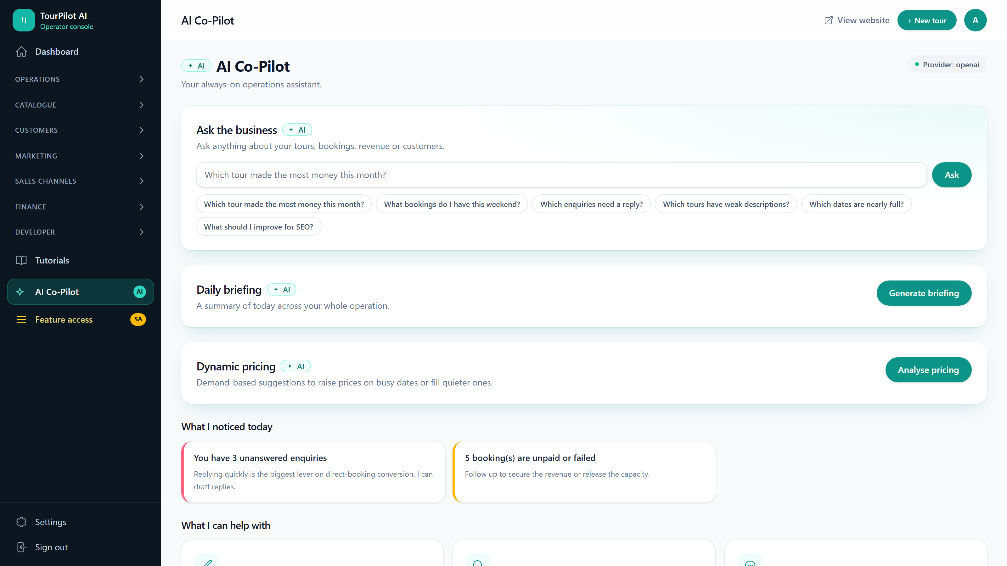 Reporting and an AI co-pilot built in, TourPilot screenshot